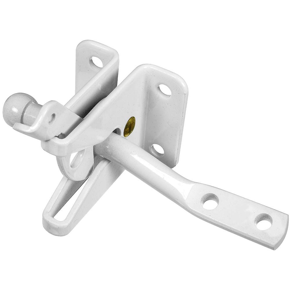 Automatic gate latch in white finish, designed for secure closure, sold individually for various applications.