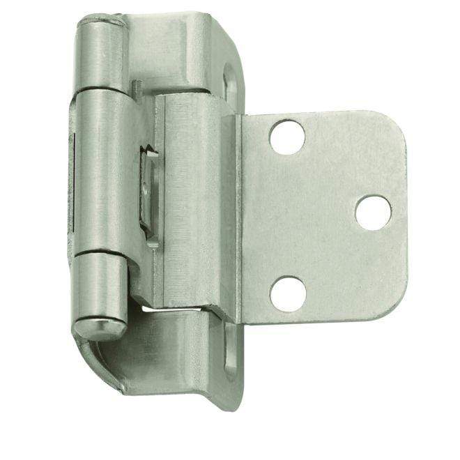 Self-closing partial wrap cabinet hinge, 3/8 inch inset, 2 1/4 x 1 7/8 inches, available in multiple finishes, 2 pack.