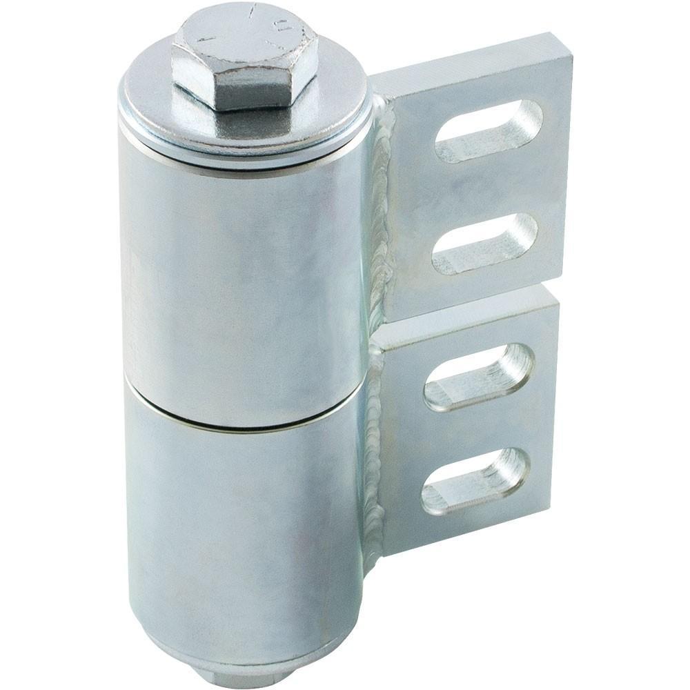 Heavy duty steel barrel hinge for gates, allowing up to 180 degrees of movement, suitable for weld or bolt installation.
