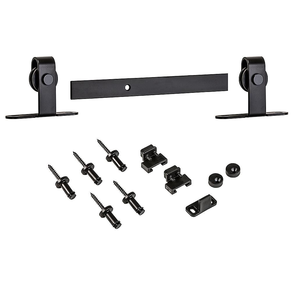 Decorative sliding door hardware kit in oil rubbed bronze finish for 1" to 2" thick doors, includes rollers and mounting components.