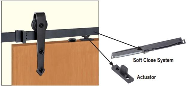 Matte black barn door hinges and hardware kit with soft close option for wood doors, available in multiple sizes.