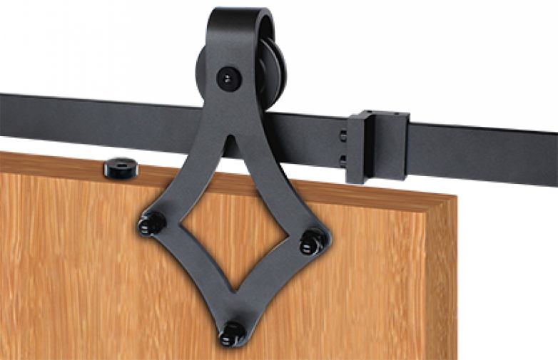 Matte black barn door hinge hardware kit for wood doors, featuring a soft close option and multiple sizes available.