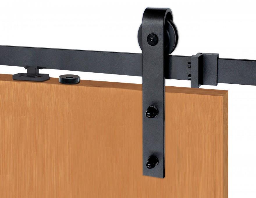 Barn door hardware kit featuring surface mount strap wheel, soft close option, available in multiple sizes and finishes.