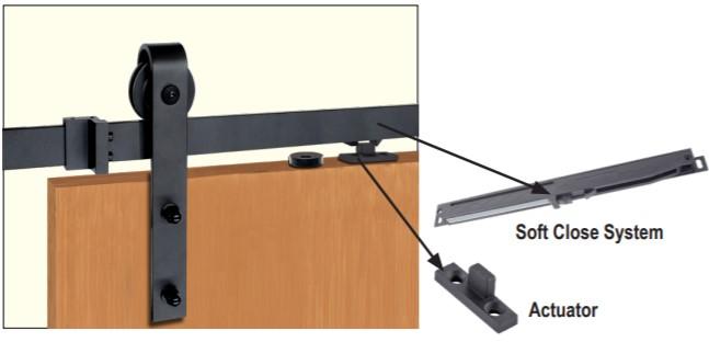 Barn door hinges and hardware kit for wood doors featuring a surface mount strap wheel and soft close option in various sizes and finishes.