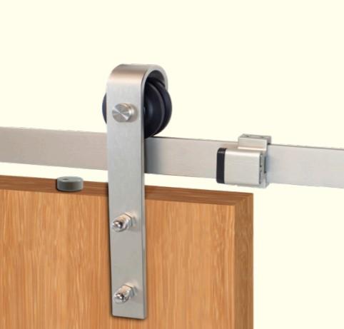 Barn door hinge hardware kit featuring a surface mount strap wheel, available in multiple sizes and finishes.