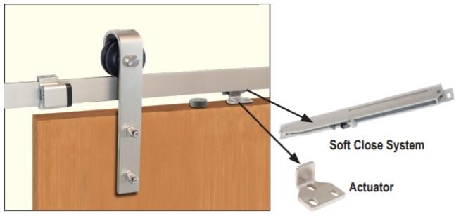 Barn door hardware kit featuring surface mount strap wheel, soft close system, and various sizes and finishes.
