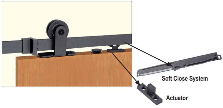 Top mount barn door hardware kit featuring single wheel design and soft close option, available in various sizes and finishes.