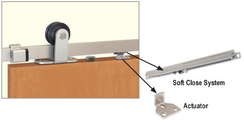 Top mount barn door hardware kit featuring a single wheel and soft close option, available in various sizes and finishes.