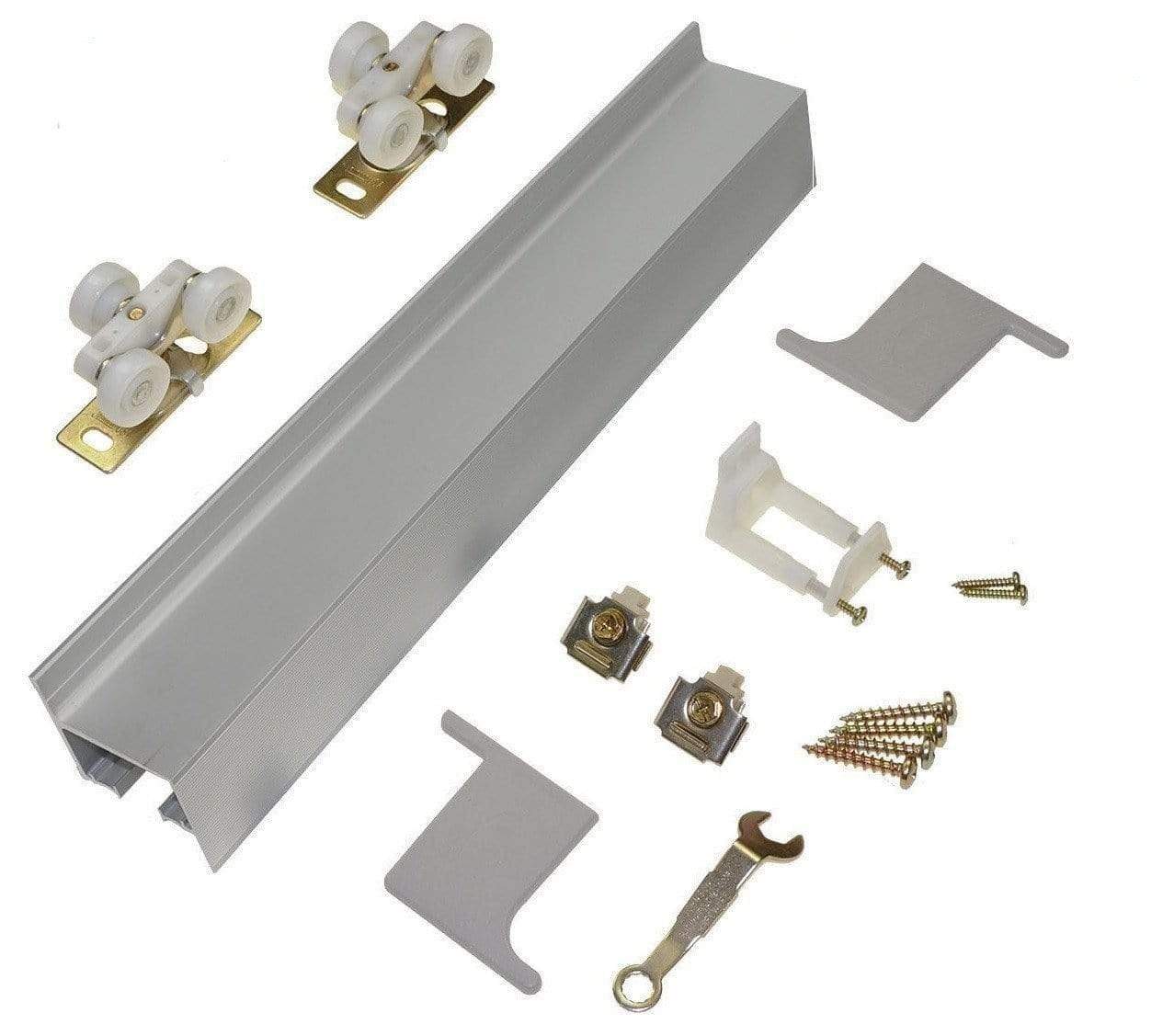 Modern aluminum barn door hardware set with 72-inch track, rollers, brackets, and screws for 36-inch doors.