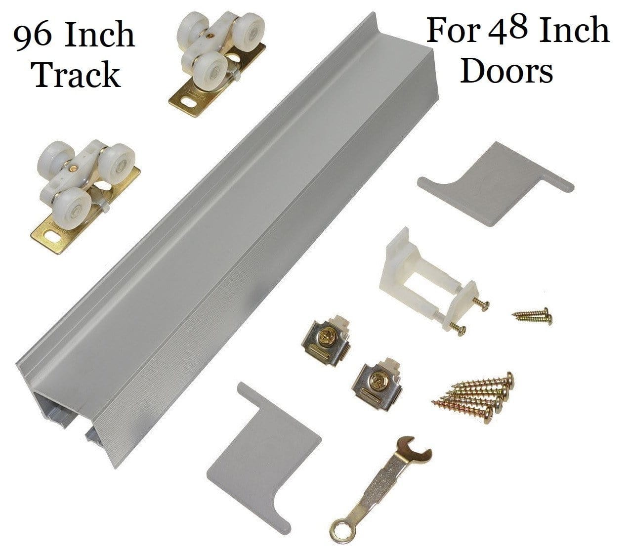 Modern aluminum barn door hardware set featuring a 96-inch track suitable for 48-inch doors, including rollers and mounting accessories.