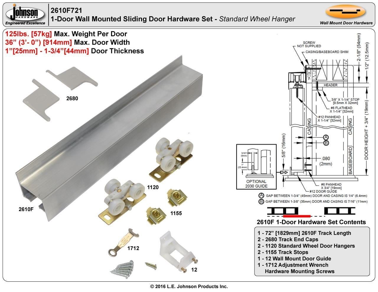 Modern aluminum barn door hardware with a 72-inch track for 36-inch doors, includes standard wheel hangers and mounting components.