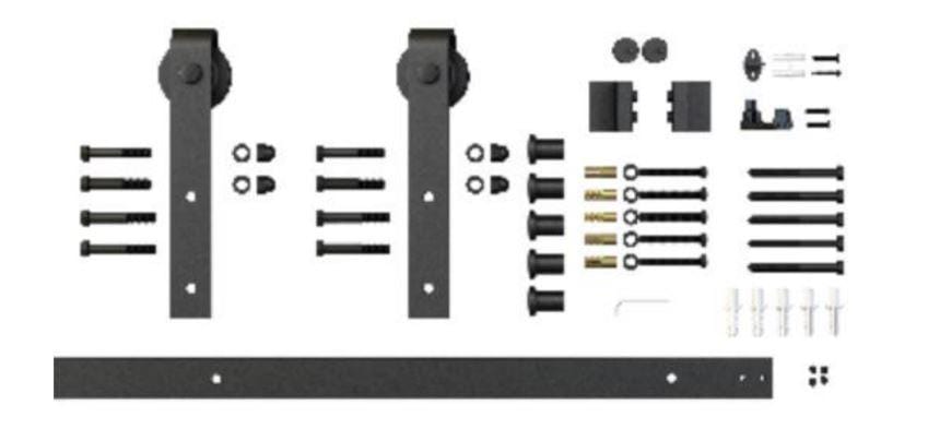 Barn door hinges and hardware kit with face mount straight strap wheels, 6'6" rail length, matte black finish.