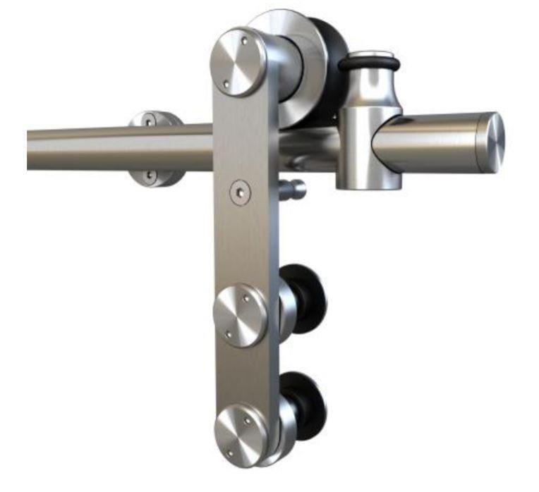 Satin stainless steel barn door hardware kit with bent strap wheel and 6.5-foot rail for smooth sliding doors.