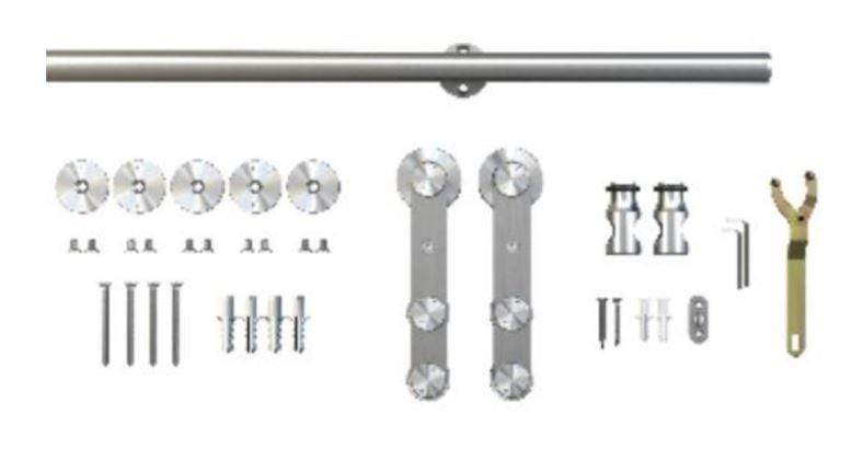 Barn door hardware kit featuring face mount bent strap wheels, 6-foot rail, and satin stainless steel finish.