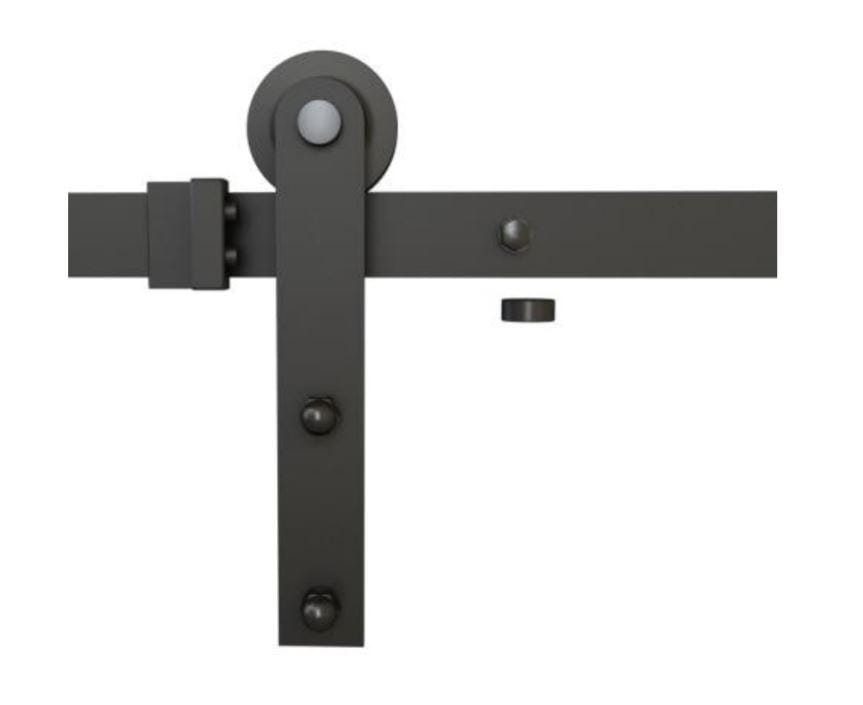 Matte black barn door hardware kit with face mount straight strap and 6-foot 6-inch rail for smooth sliding doors.
