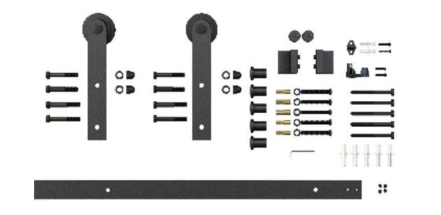 Matte black barn door hardware kit with face mount straight strap hinges, wheels, and an 8-foot rail for installation.
