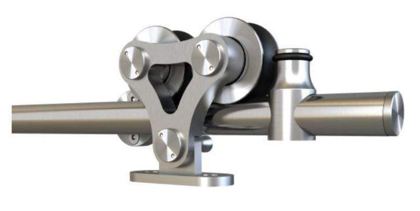 Top mount dual wheel barn door hardware kit with 6-foot 6-inch rail in satin stainless steel finish.