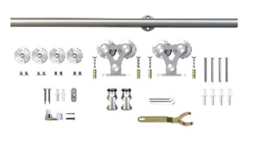 Top mount dual wheel barn door hinges hardware kit with 6'6" rail, satin stainless steel finish and installation components.