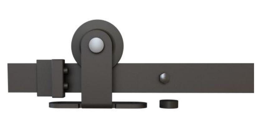 Top mount barn door hardware kit with single wheel, 6.5-foot matte black rail and accessories for smooth sliding.
