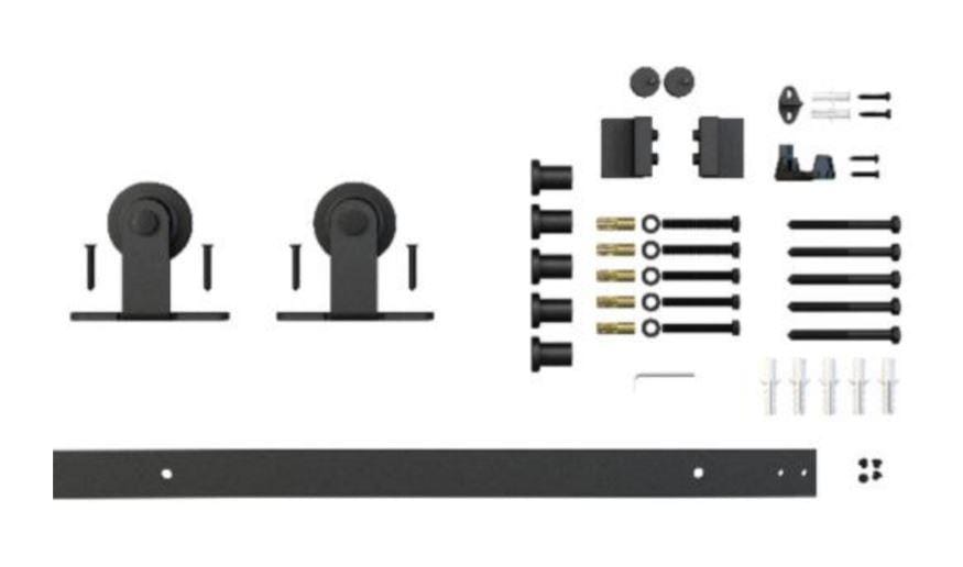 Top mount barn door hardware kit with matte black finish, including single wheel hinges and 8-foot rail components.