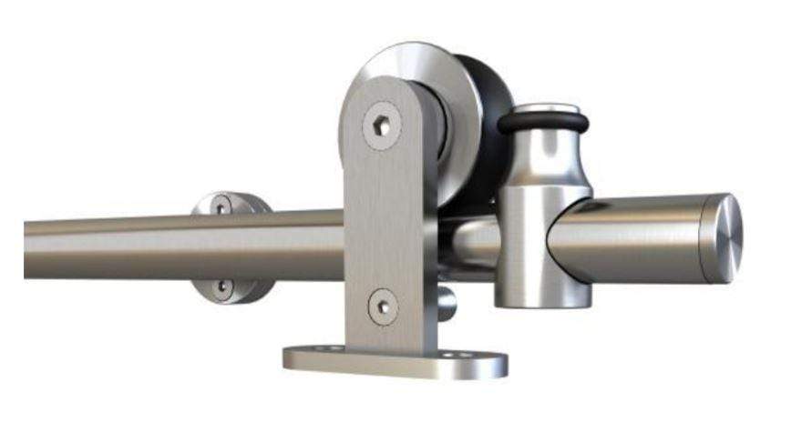 Top mount barn door hardware kit with single wheel, 6' 6" rail length, in satin stainless steel finish.