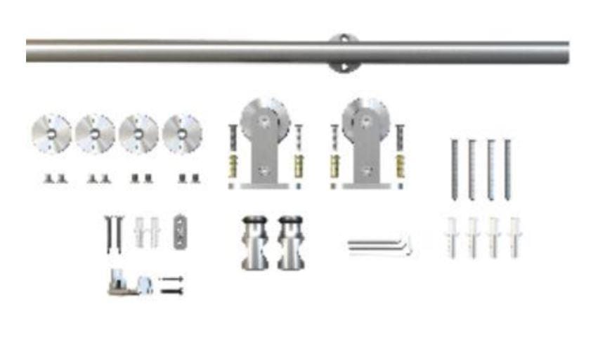 Top mount barn door hardware kit with 6-foot 6-inch rail, satin stainless steel finish, and all necessary components included.