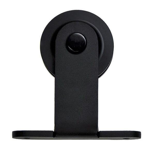 Black barn door hinge designed for doors 30 to 48 inches wide, featuring a sleek Gage style hardware kit.