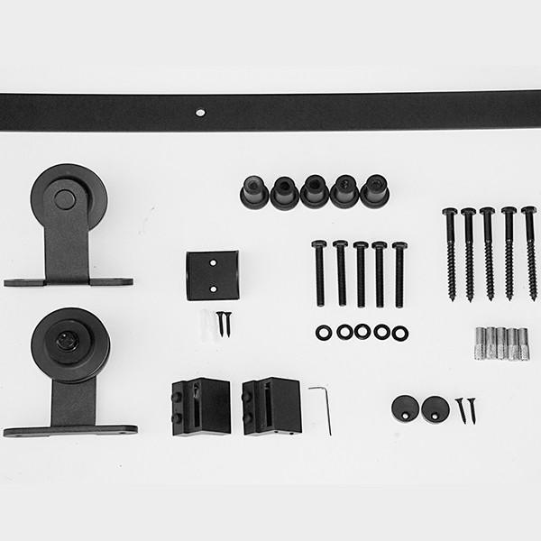 Barn door hardware kit featuring black finish hinges and accessories for doors 30 to 48 inches wide.