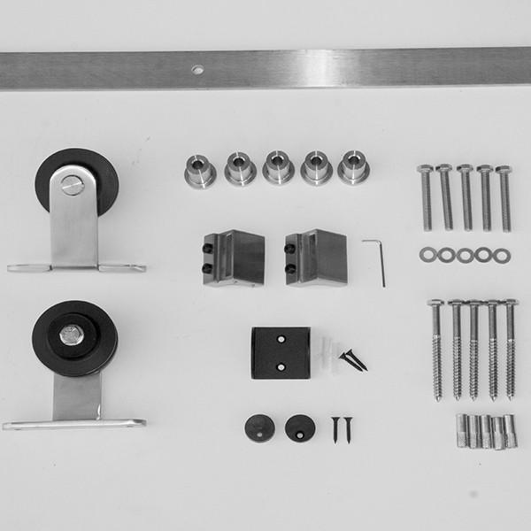 Barn door hardware kit with stainless steel finish, including rollers, brackets, screws, and installation components.
