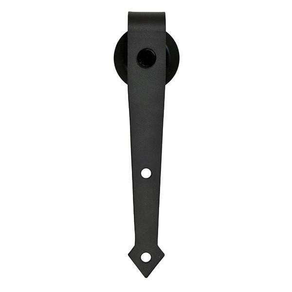 Philmont style barn door hinge in black finish, suitable for doors 30 to 48 inches wide, featuring a sleek design.