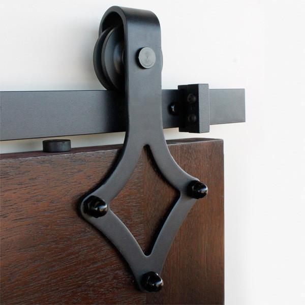 Black barn door hinges and hardware kit for doors 30 to 48 inches wide, featuring a royal style design.