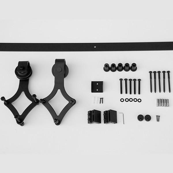 Royal style barn door hinges and hardware kit for doors 30 to 48 inches wide, featuring a sleek black finish.