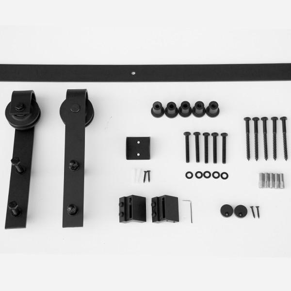 Barn door hardware kit featuring Slade style hinges for doors 30 to 48 inches wide, includes black finish components.
