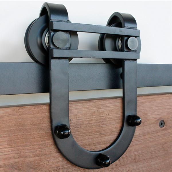 Waggoner style barn door hardware kit for doors 30 to 48 inches wide in a sleek black finish. Ideal for rustic decor.