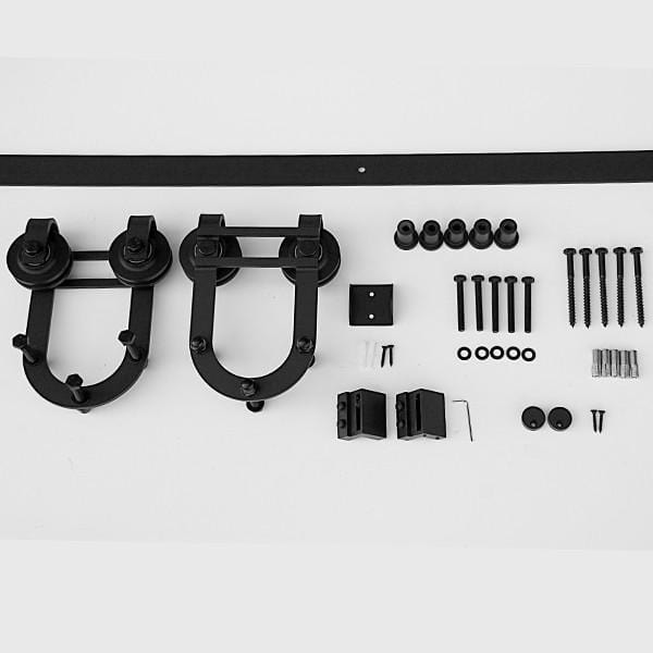 Waggoner style barn door hinges and hardware kit for doors 30 to 48 inches wide, featuring a sleek black finish.