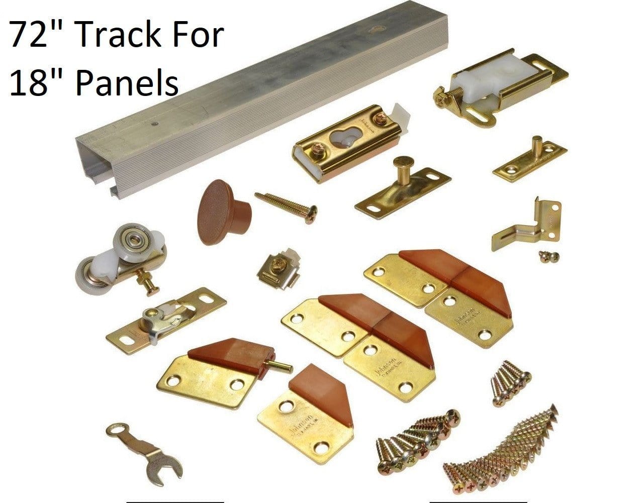 Bifold door hardware set for four doors with a 72-inch track for 18-inch panels in brass finish.