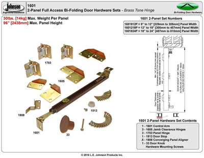 Bifold Adjustable Full Access Door Hardware - 2 Doors - 18" To 24" - Brown With Brass Hinges