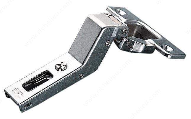 Bifold spring hinge in nickel finish for frameless doors, designed for positive angle opening, sold individually.