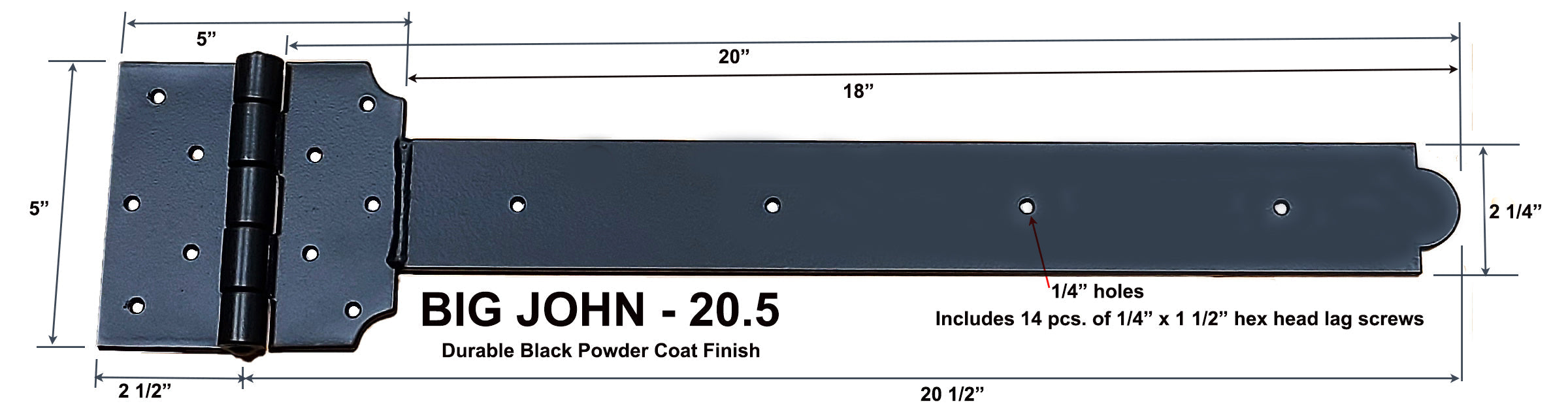 Super heavy-duty decorative strap T-hinge in various sizes from 14 to 26.5 inches, featuring a durable black finish.