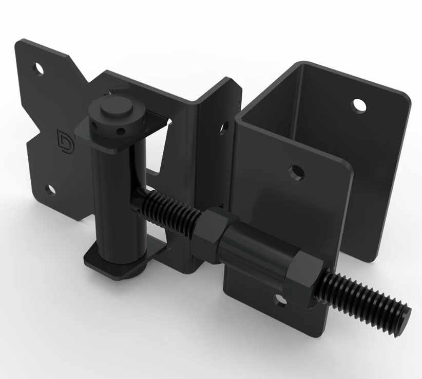 Black stainless steel gate hinge set, 2-inch wrap-around design, self-closing and tension adjustable for gate gaps.