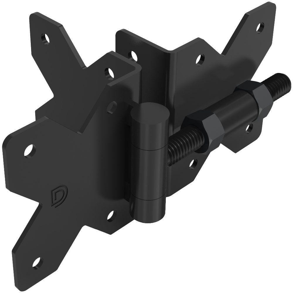 Black stainless steel adjustable gate hinge for gate gaps of 5/8" to 1 3/4", sold in a 2 pack, ideal for sturdy installations.