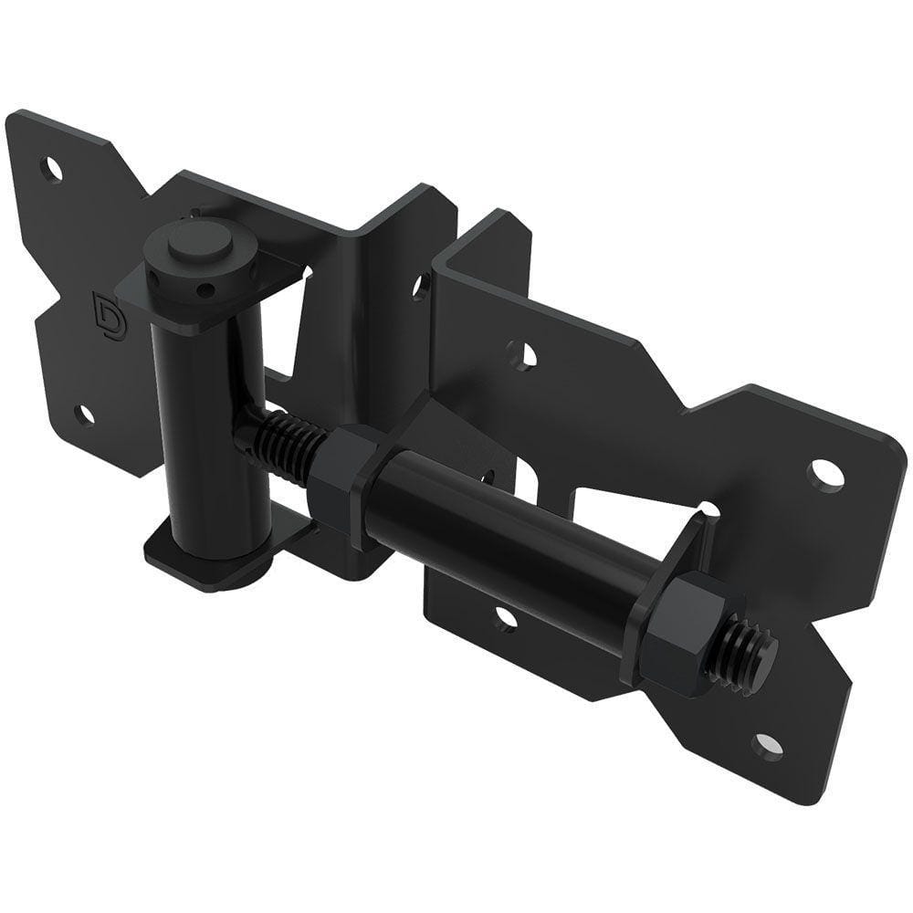 Black stainless steel self-closing gate hinge with adjustable tension for gate gaps 5/8" to 1 3/16", 2-pack.