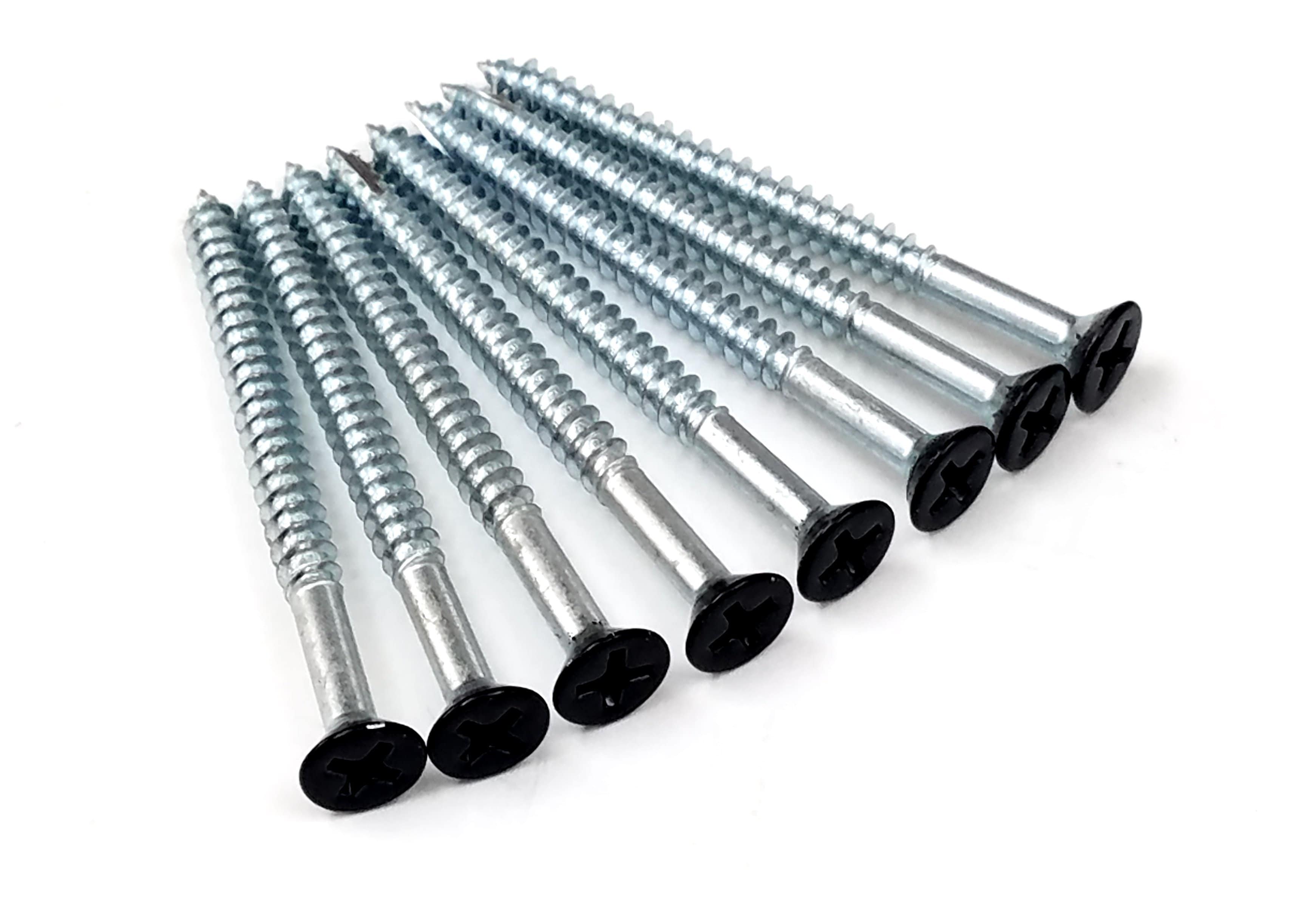 Flat head wood screws with black finish, 2 1/4 inches long, featuring 1 1/2 inch threads, available in 24 or 96 pack.