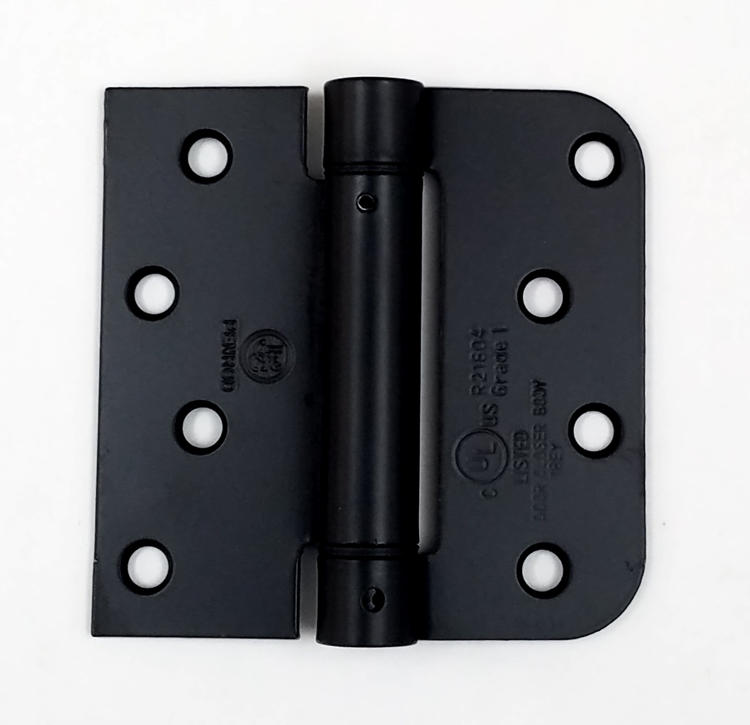 Self-closing 4-inch flat black spring hinge with 5/8-inch square radius, sold in a 2-pack for durability.