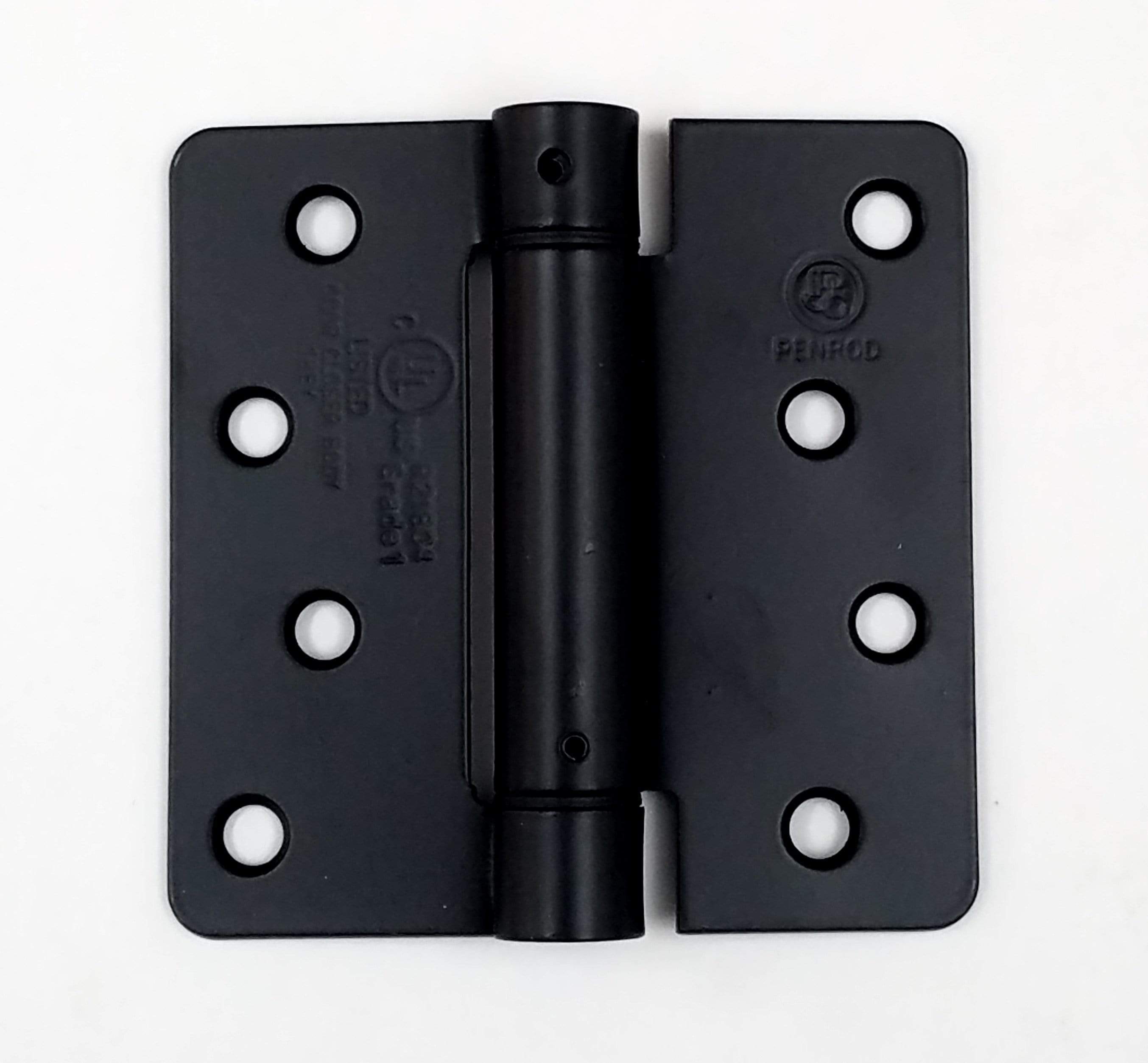4x4 spring hinges with 1/4 inch radius corners in various finishes, sold in a 2 pack for doors and gates.