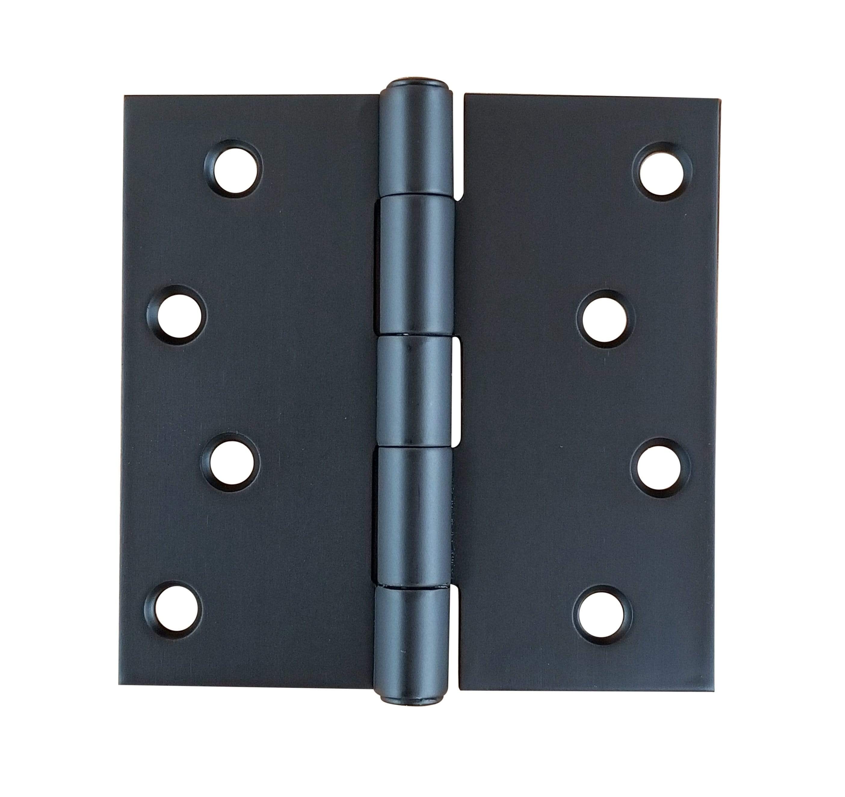 Black stainless steel residential hinges, 4-inch square, rust resistant, sold in a pack of three. Ideal for doors.