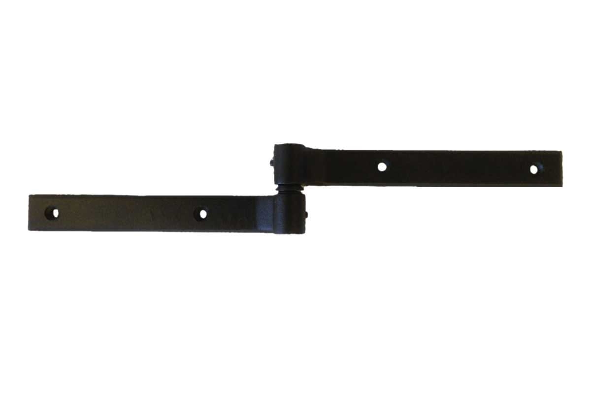 Black powder-coated cast iron minimal offset shutter hinge, designed for brick applications, sold individually.