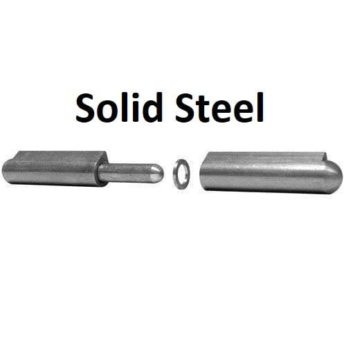 Solid steel weld-on bullet hinges with brass pin and rings, available in lengths from 1-9/16 to 10-1/4 inches.
