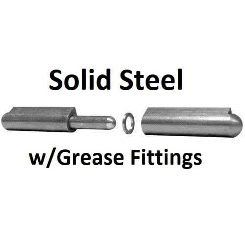 Solid steel weld-on bullet hinges with brass grease fittings, available in lengths from 3-3/16" to 10-1/4".