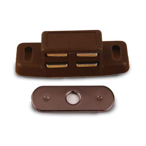 High rise magnetic cabinet catch in brown finish, measuring 1-7/8 inches, sold individually for secure closure.